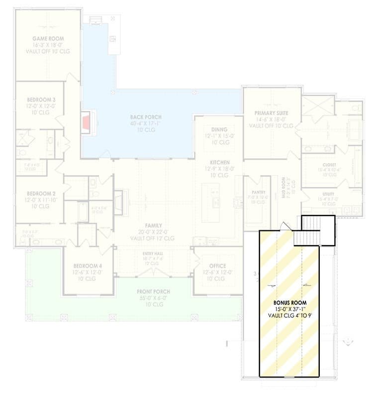 Plan 818129JSS: 4-Bed New American House Plan with Game and Bonus Rooms - 3620 Sq Ft - Floor Plan - Bonus Room - Farmhouse, Modern Farmhouse, New American