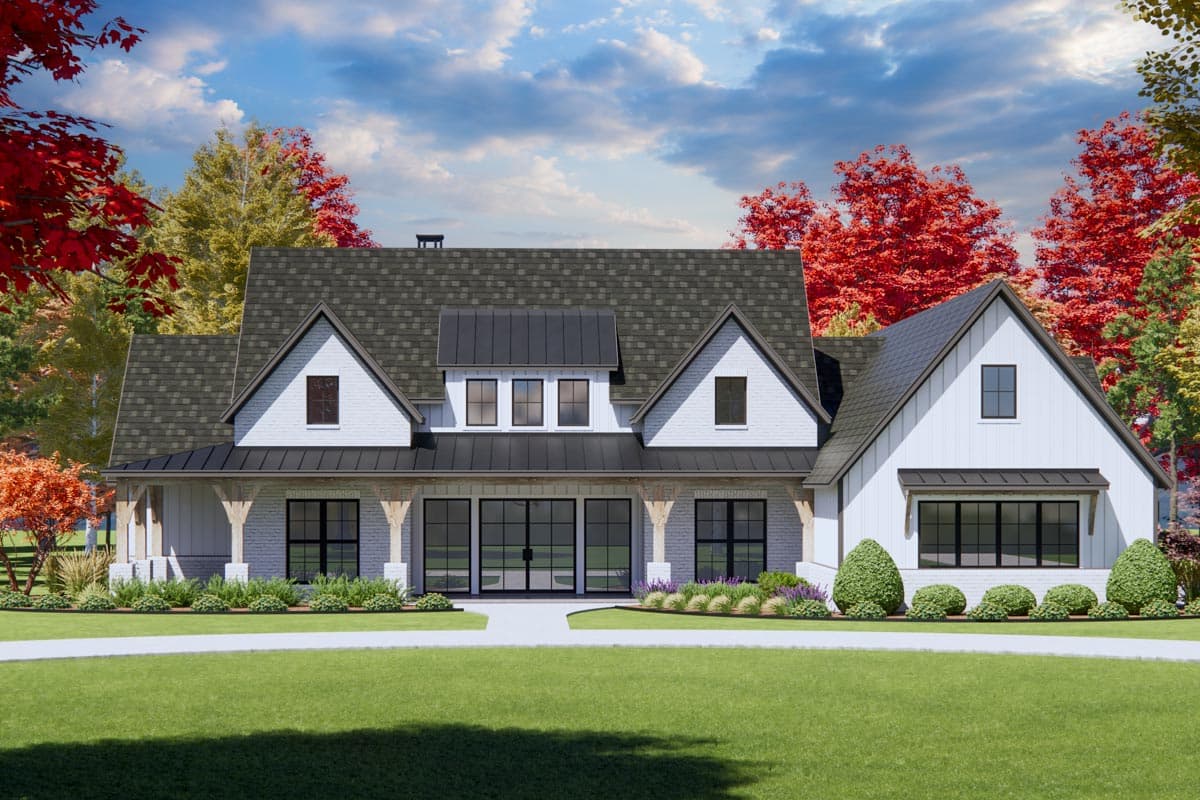 House plan exterior. Modern Farmhouse style with a two-story layout. Features include a front porch, gables, and a dark shingle roof.