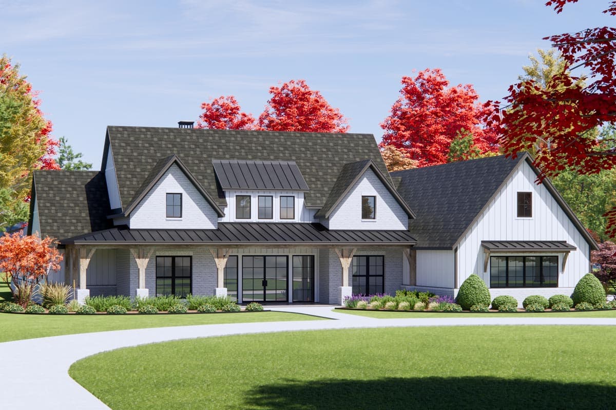 Modern Farmhouse house plan exterior with brick and siding, a wraparound porch, and gabled dormers and rooflines.