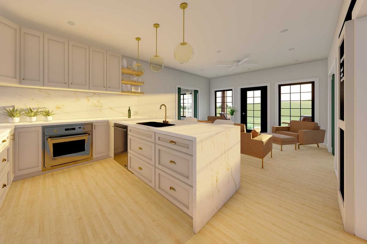 Rendering of an open-concept kitchen and living area with a large island, modern cabinetry, and large windows.