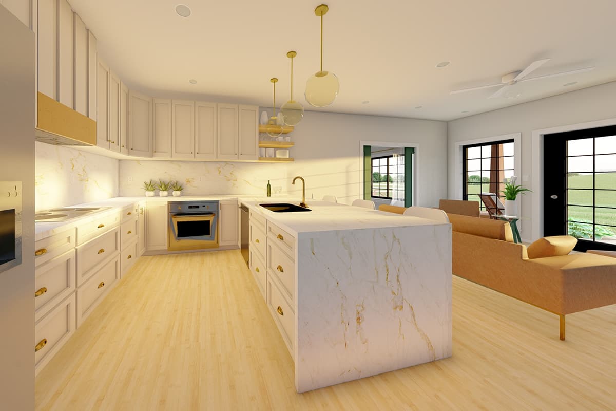 Interior rendering of an open-concept kitchen and living space with a large island, white cabinetry, and light wood flooring.