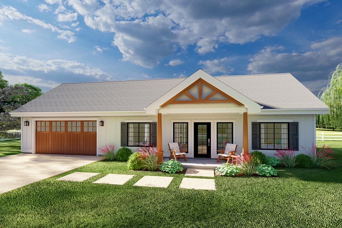 House plan exterior. Ranch style with a gabled porch, garage, and exposed timber detailing. One story with a front porch.