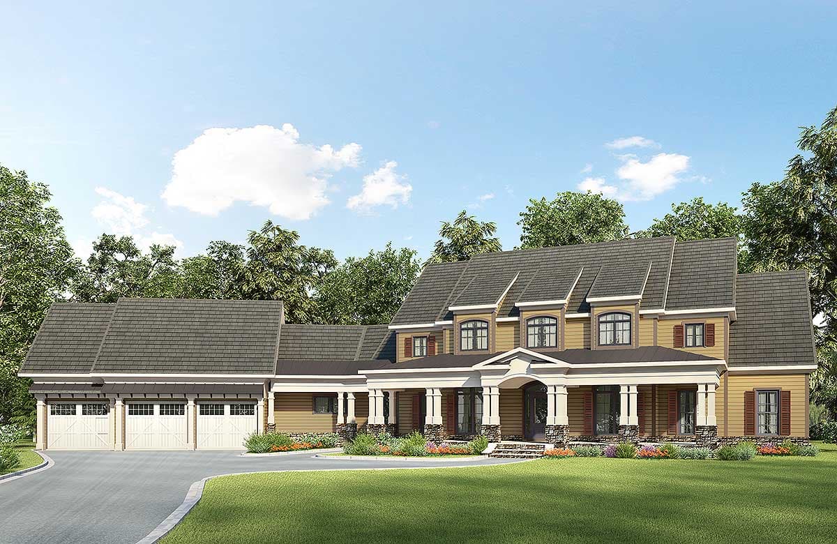 House plan exterior. Two-story home with a large front porch supported by columns. Features include multiple gables and a three-car garage.