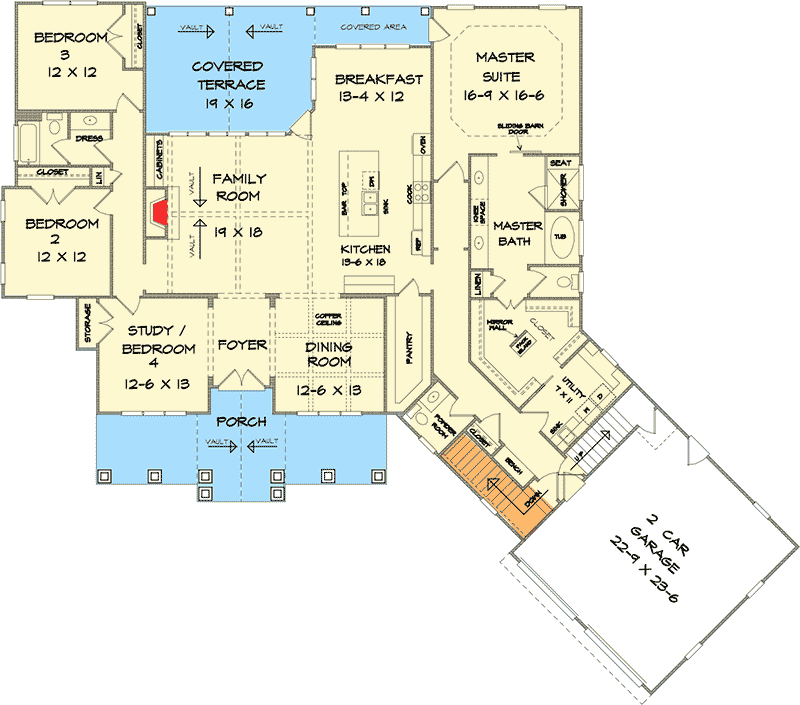 Plan 36061DK: Bright and Airy Craftsman House Plan - 2772 Sq Ft - Floor Plan - Basement Stair Location - Craftsman, New American, Ranch
