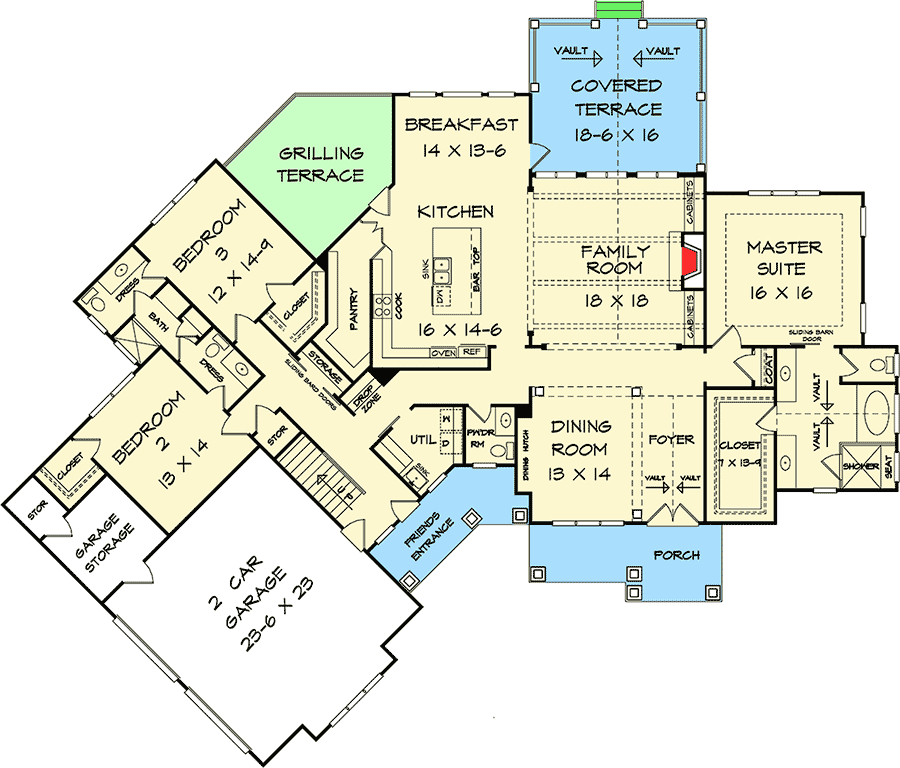 Plan 36063DK: Angled Craftsman House Plan with Room to Grow - 2767 Sq Ft - Floor Plan - Main Level - Craftsman, Mountain, New American, Northwest