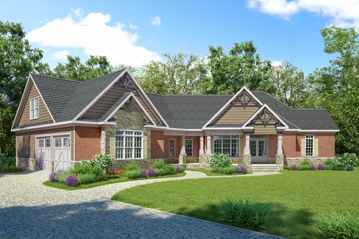 House plan exterior with Craftsman style, single story, brick facade, gable roof, and attached garage. Stone accents and covered porch.