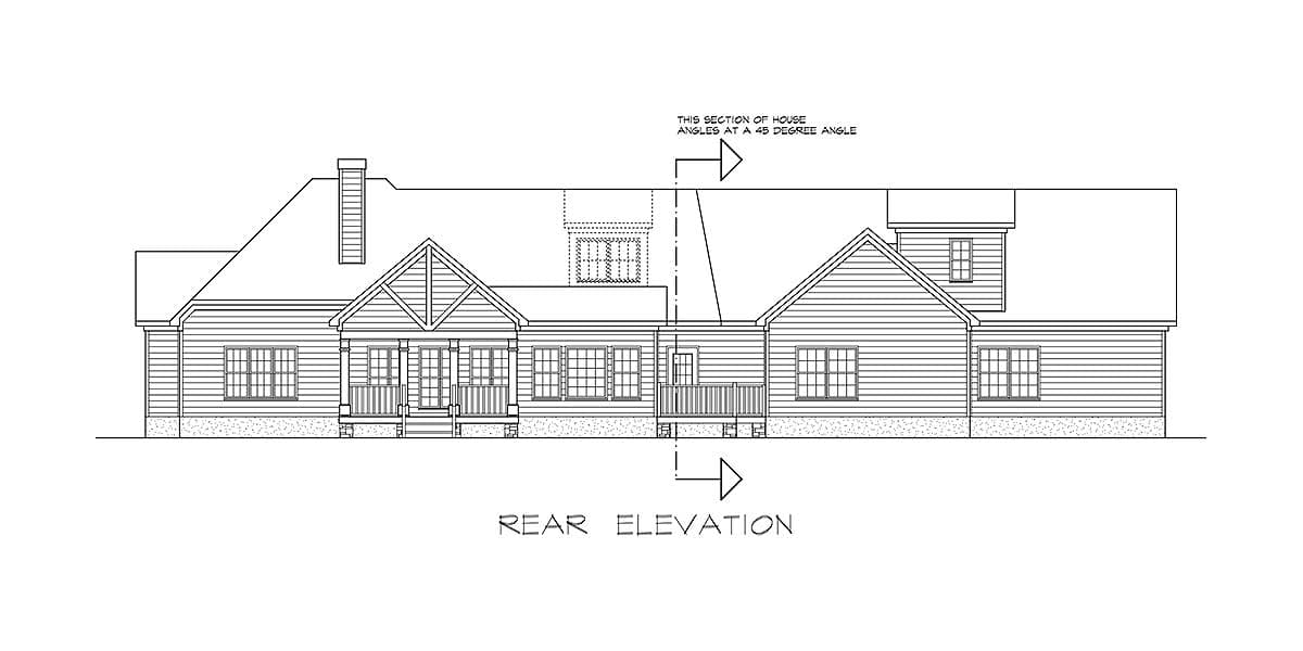 Rear elevation drawing of a house plan featuring gables, a prominent chimney, and a covered porch.