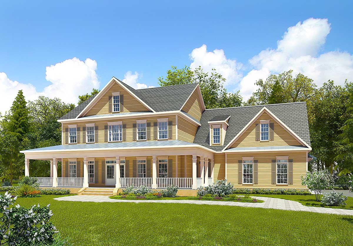 House plan exterior. Two-story Colonial with a wraparound porch, gabled roof, and multiple dormers. Features a welcoming front entrance.