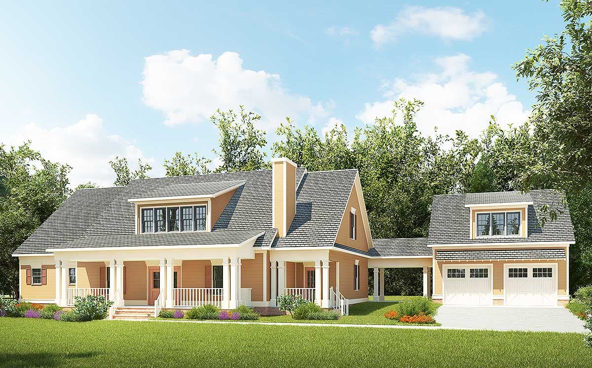 House plan exterior. Two-story with a covered porch and dormers. Features a detached garage with attached carport and gabled rooflines.
