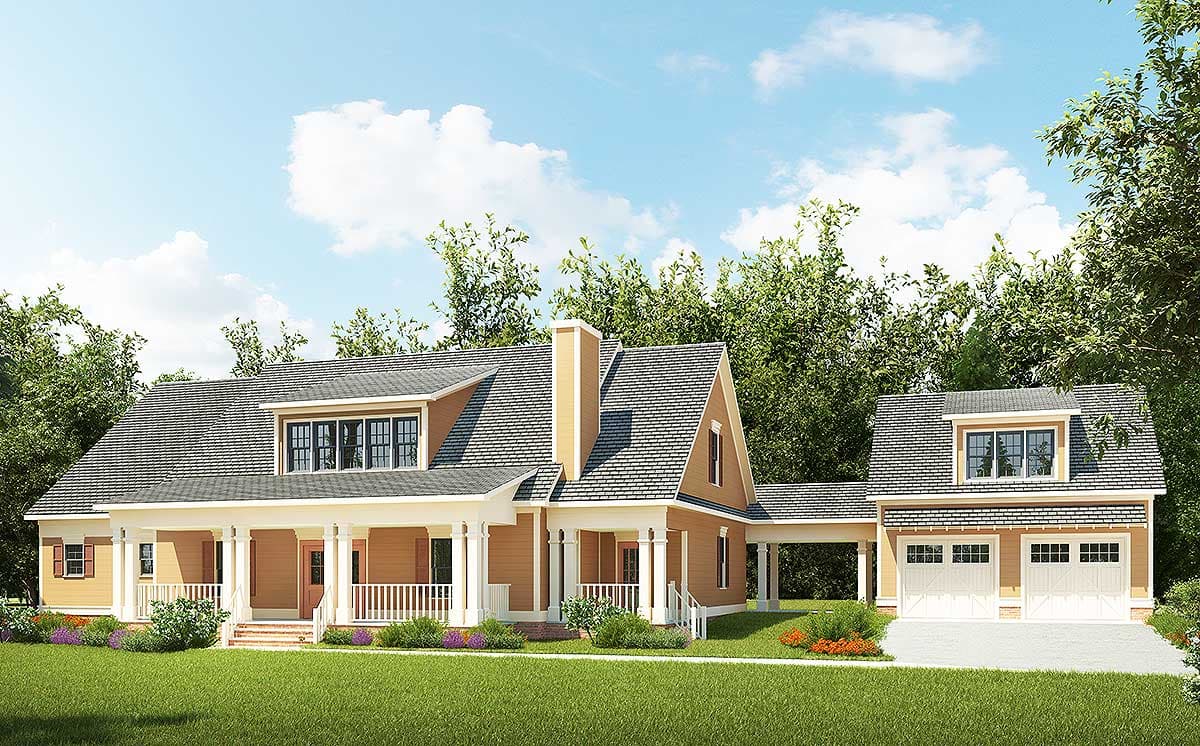 House plan exterior with Craftsman style, two stories, front porch with columns, gabled roof, and attached garage with dormer.