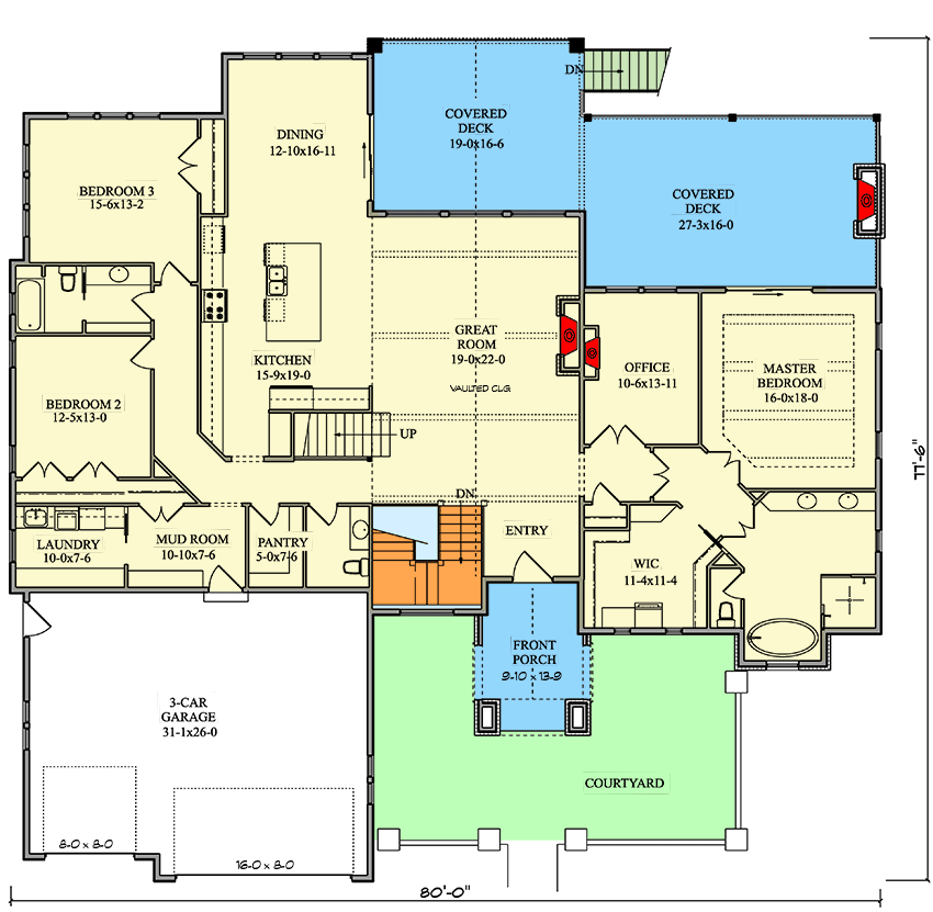 Plan 95244RW: Mountain Craftsman House Plan with Home Office and Vaulted Playroom - 3601 Sq Ft - Floor Plan - Main Level - Craftsman, Mountain, New American