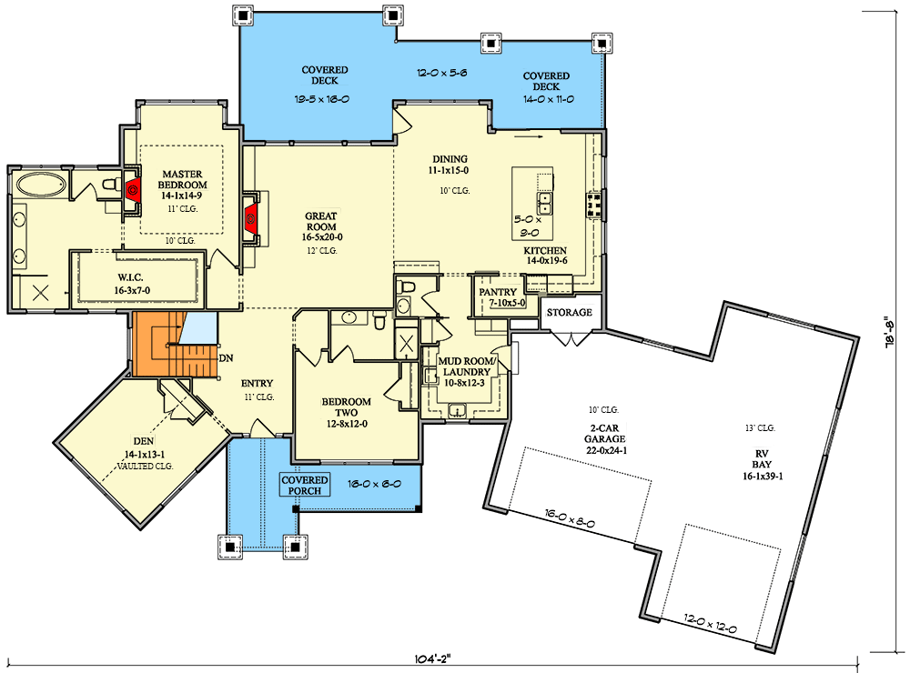 Plan 95245RW: 2-Bed Mountain House Plan with Optional Lower Level - 2582 Sq Ft - Floor Plan - Main Level - Country, Craftsman, Mountain, New American, Northwest