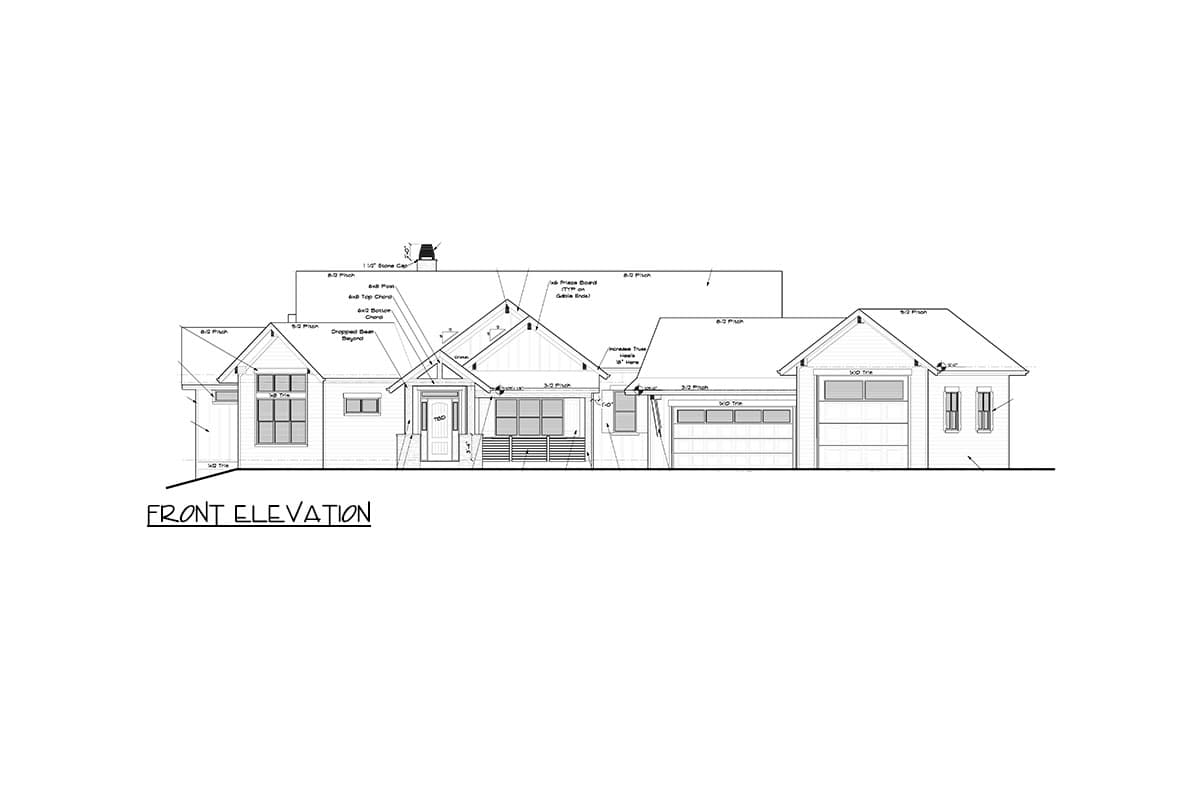 Front elevation drawing of a one-story house with a covered front porch, gables, and a two-car garage.