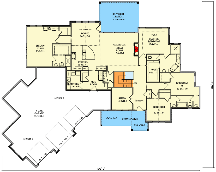 Plan 95246RW: Multi-Generational House Plan with 4-Car Angled Garage - 2998 Sq Ft - Floor Plan - Main Level - Craftsman, New American