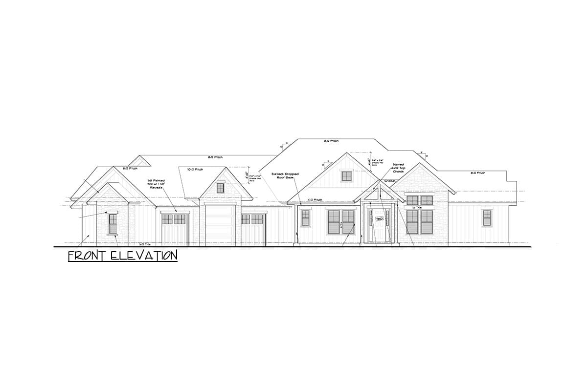 Front elevation drawing of a house plan featuring multiple gables, a covered porch, stone and board-and-batten siding, and a three-car garage.