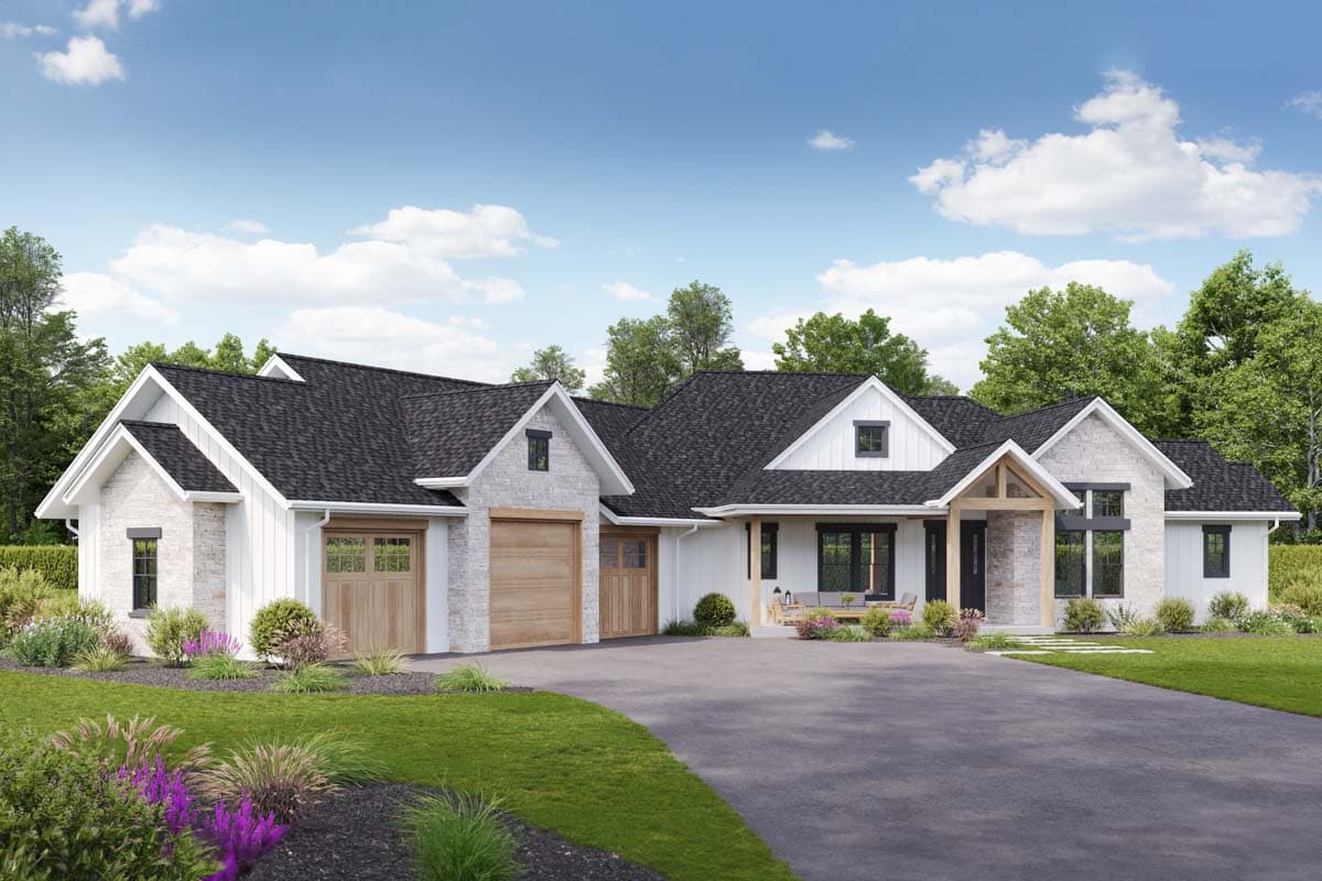 House plan exterior. Modern Farmhouse style with gabled roof, two-car garage, and covered porch with exposed beams.