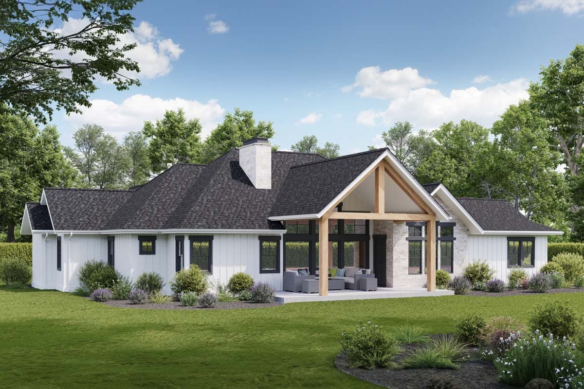 House plan exterior: Modern Farmhouse style, single story, with a covered patio, stone accents, and a prominent gable with exposed beams.