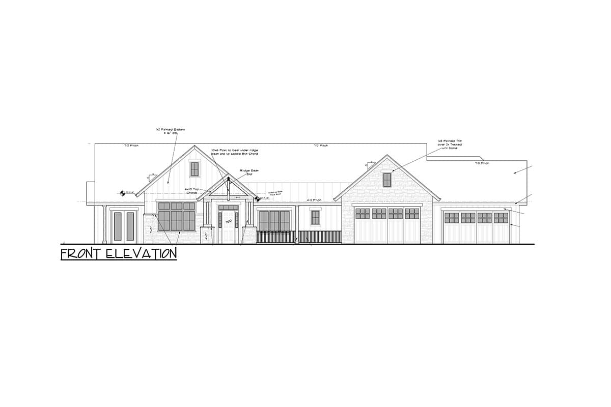 Front elevation house plan with gabled entry, covered porch, and attached garage.