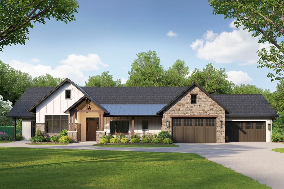 House plan exterior. Modern farmhouse style with gabled roof, stone accents, and front porch. Features include a two-car garage.