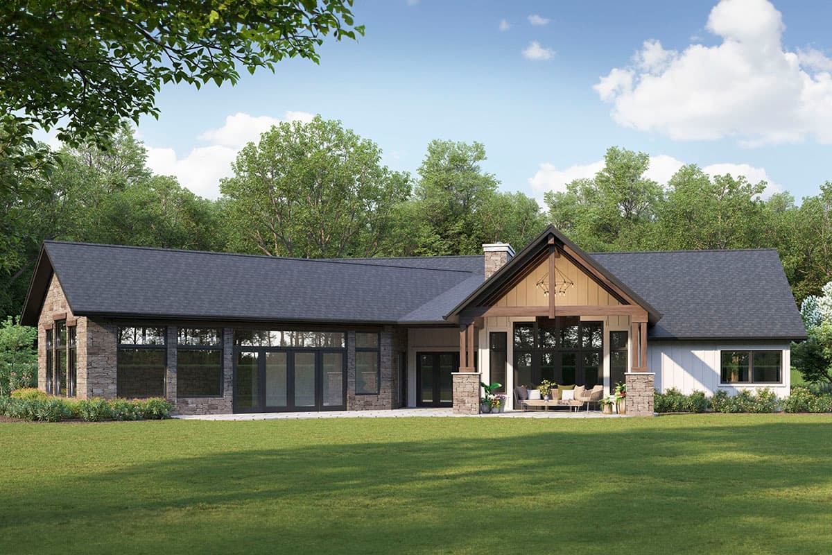 House plan exterior of a single-story home with stone and white siding, large windows, covered patio with gabled roof, and stone chimney.