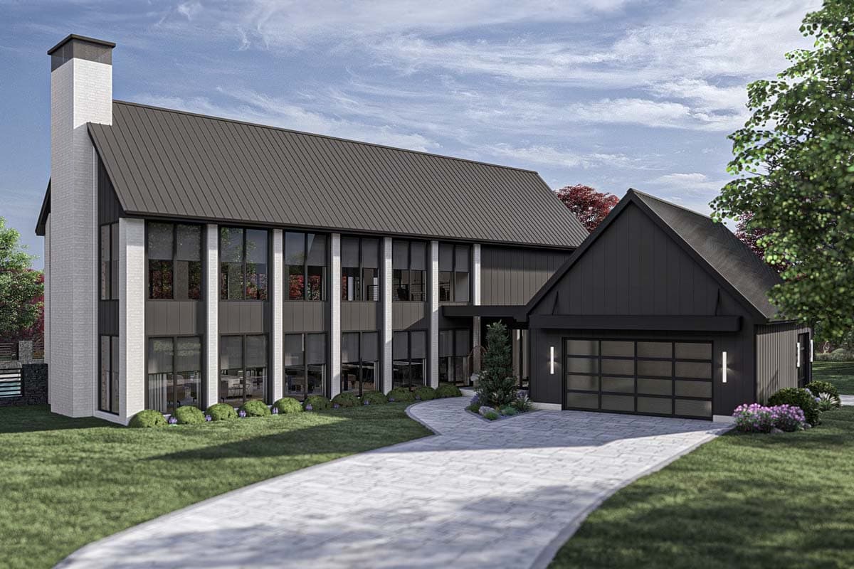 Modern house plan exterior with two stories, a standing seam metal roof, and a detached garage with glass door.