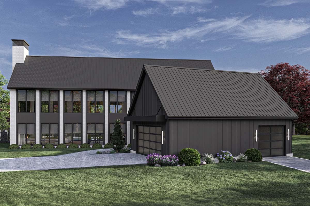 Modern house plan exterior with two stories, white brick, dark metal roof, and attached two-car garage.