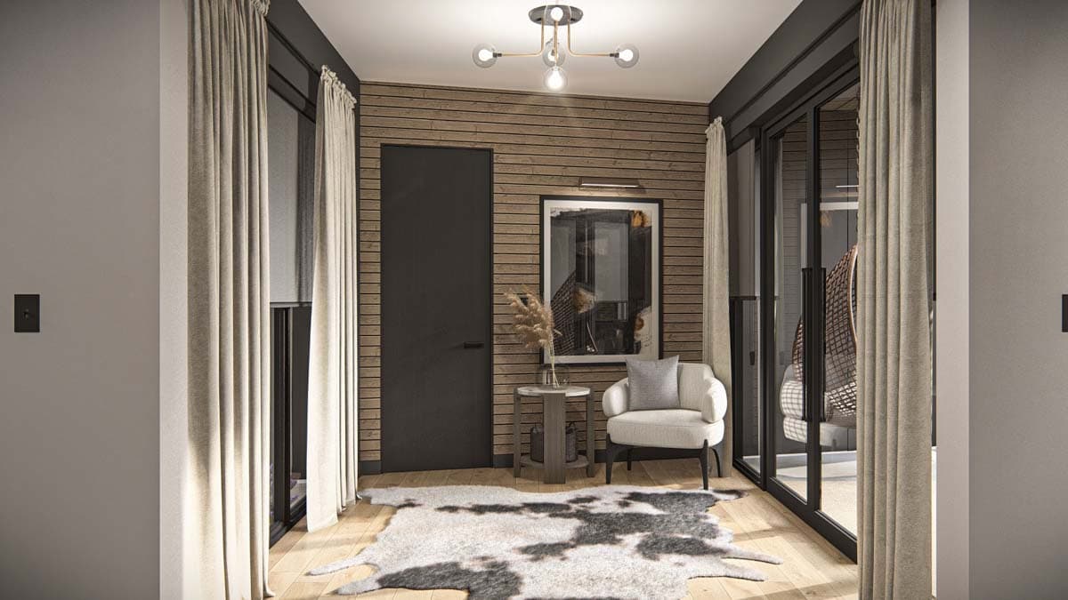 Modern interior rendering of a hallway with wood-paneled walls, a black door, armchair, and sliding glass doors to a balcony.