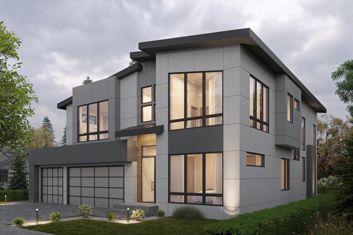 Modern house plan exterior with a two-car garage, large windows, flat rooflines, and two stories.