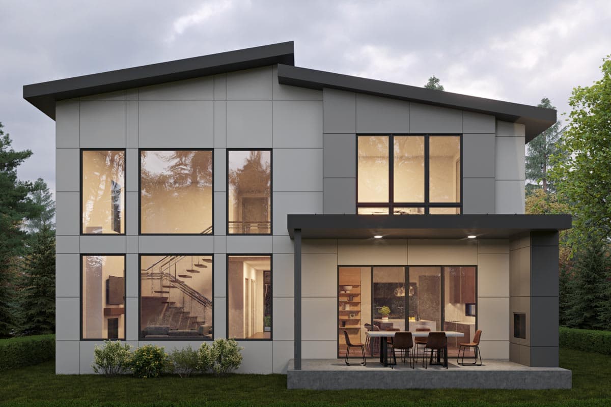 Modern house plan exterior, two stories, with asymmetrical rooflines, large windows, and covered patio with outdoor fireplace.