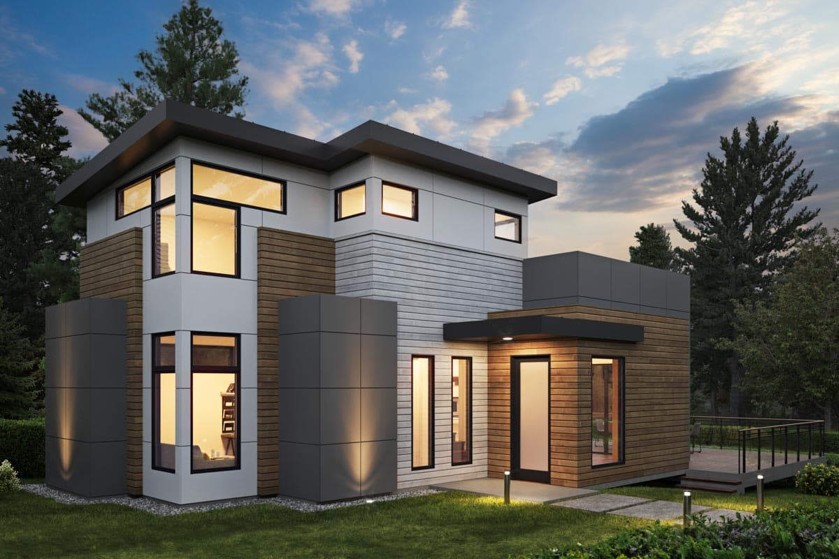 House plan exterior. Modern style, two-story home with flat roof, horizontal siding, and large windows. Includes wood accent details.