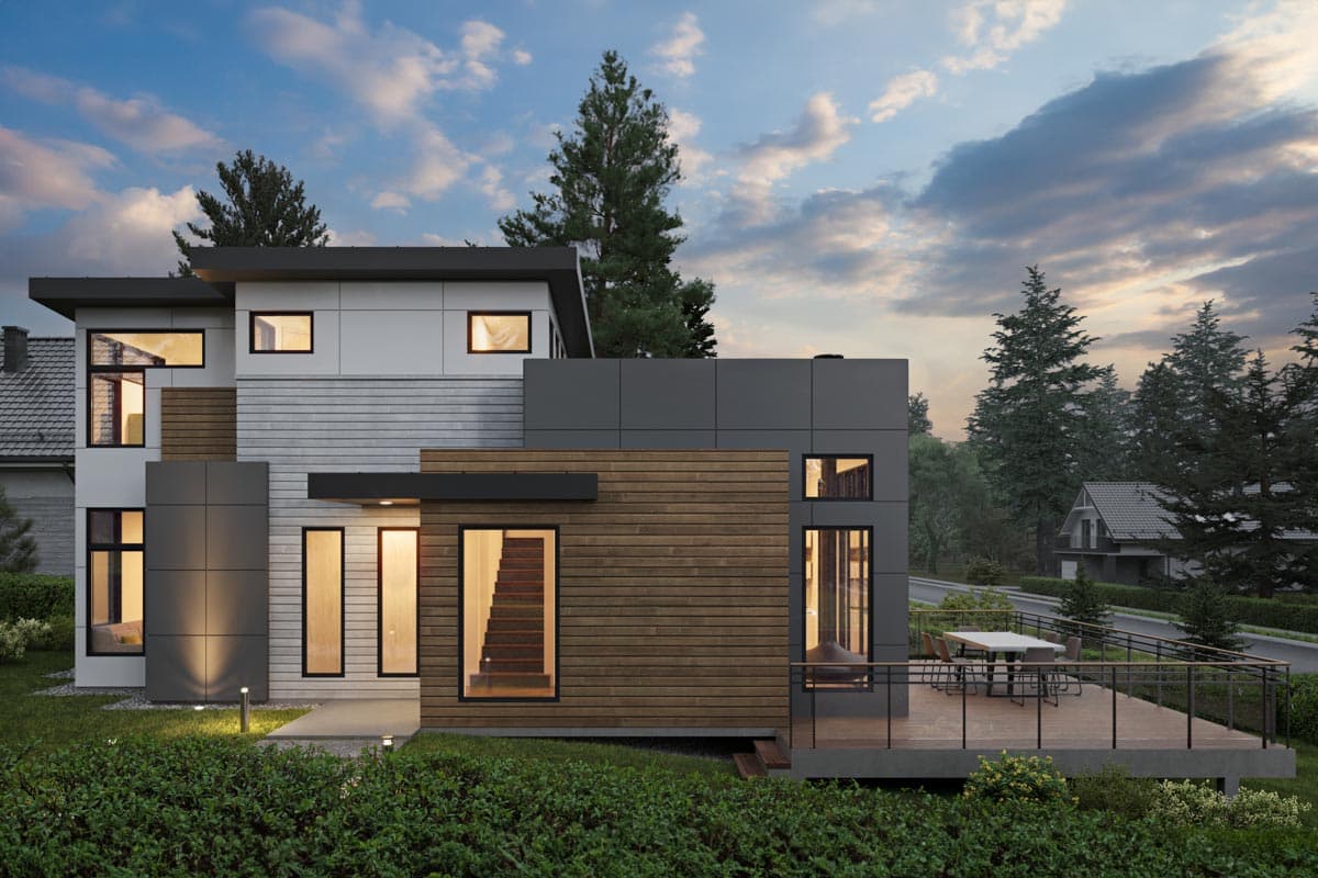 Modern house plan exterior featuring layered volumes, horizontal wood siding, large windows, and a multi-level deck.