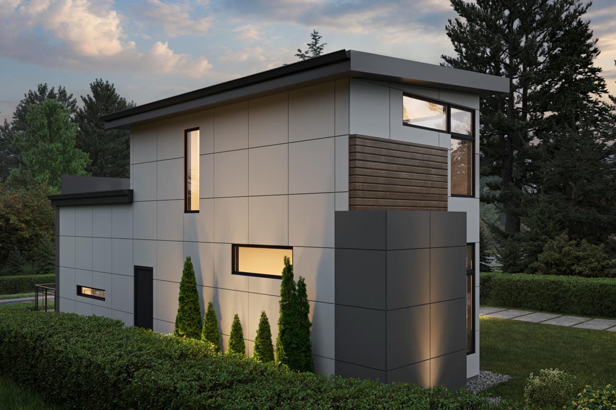 Modern house plan exterior featuring a two-story design, flat roof, wood siding accents, and horizontal paneling.