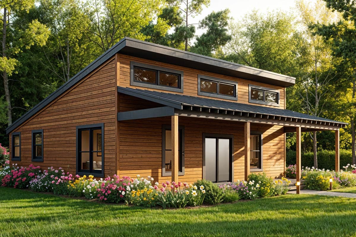 House plan exterior. Modern style, two-story home with a flat roof, covered porch supported by columns, and horizontal siding.