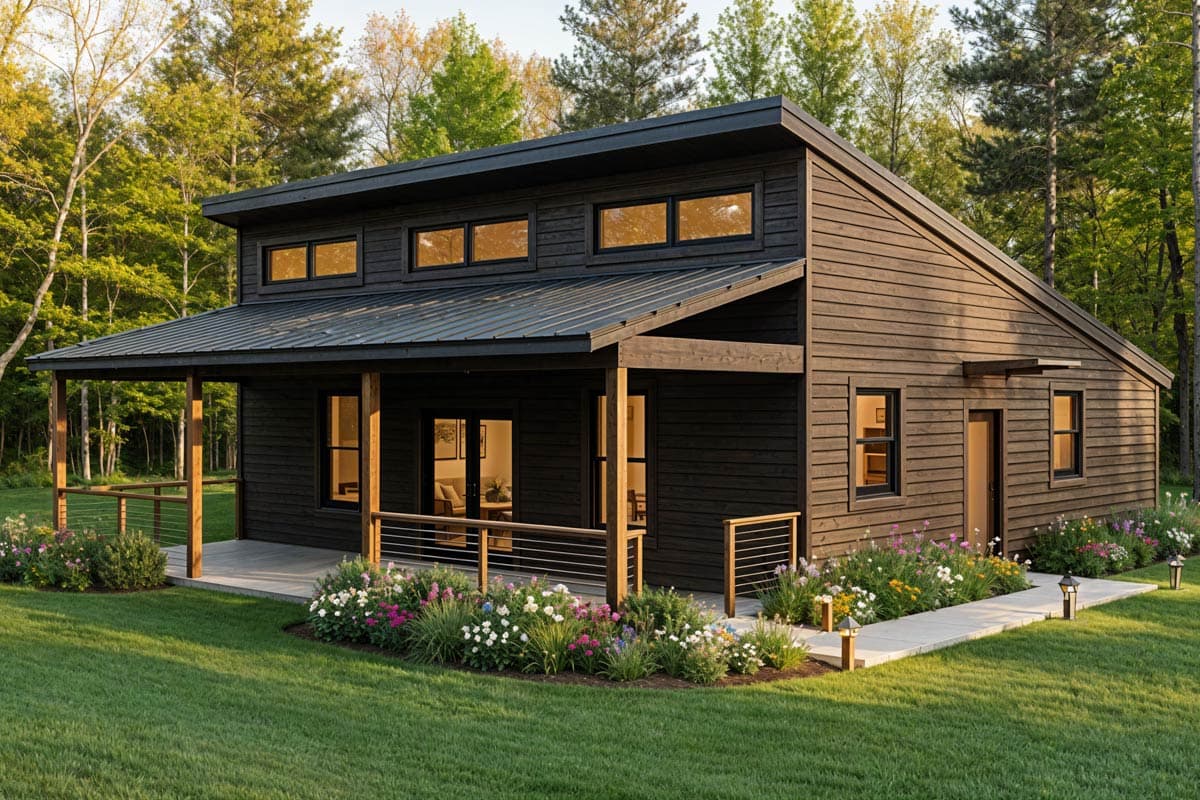 Modern house plan exterior with a shed roof, covered porch, vertical siding, and horizontal windows on two levels.