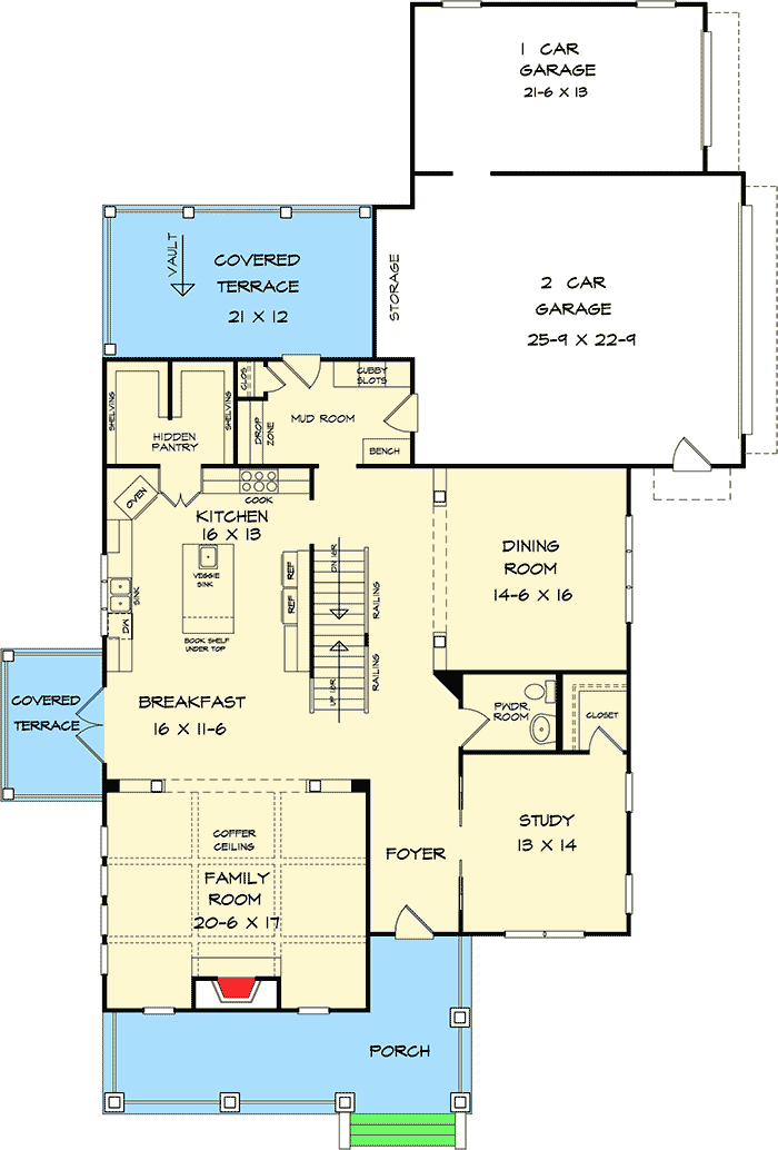Plan 36068DK: Stacked Porches in Front - Floor Plan - Main Level - New Orleans, Southern, Traditional