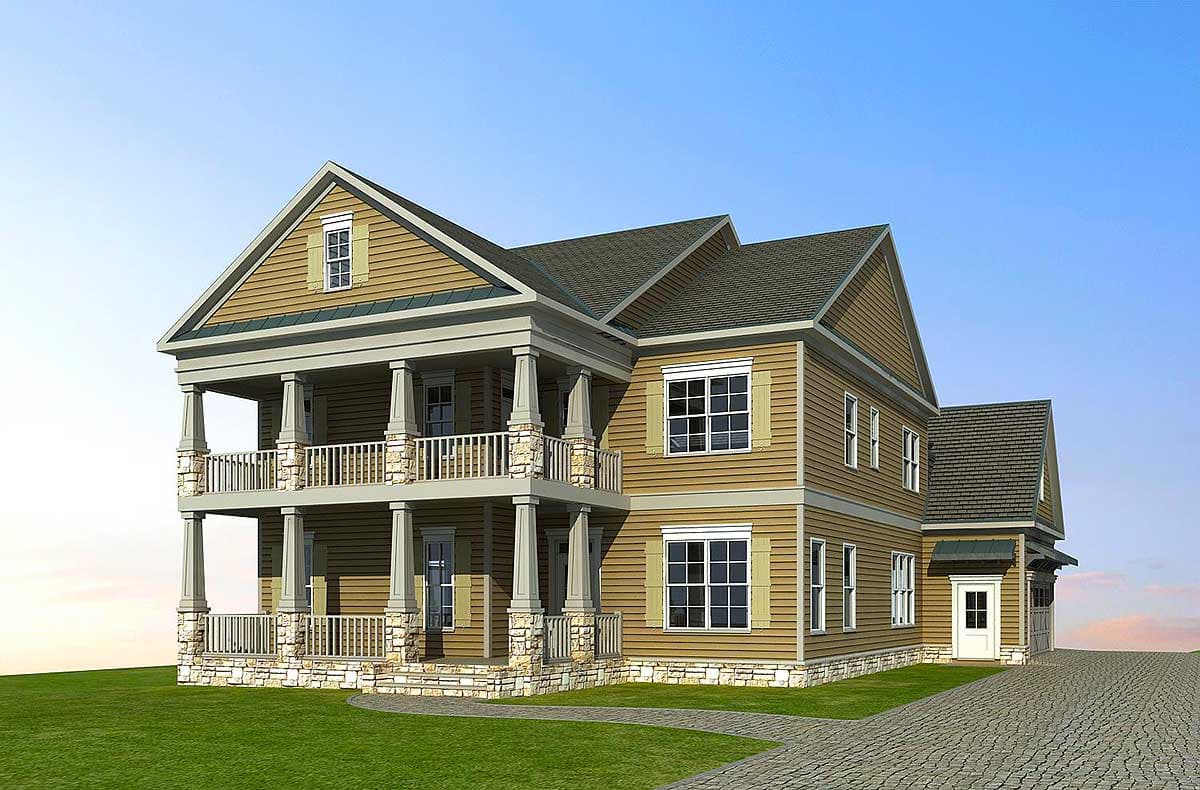 House plan exterior: Two-story design with a double-decker porch, column supports, gables, and stone base.