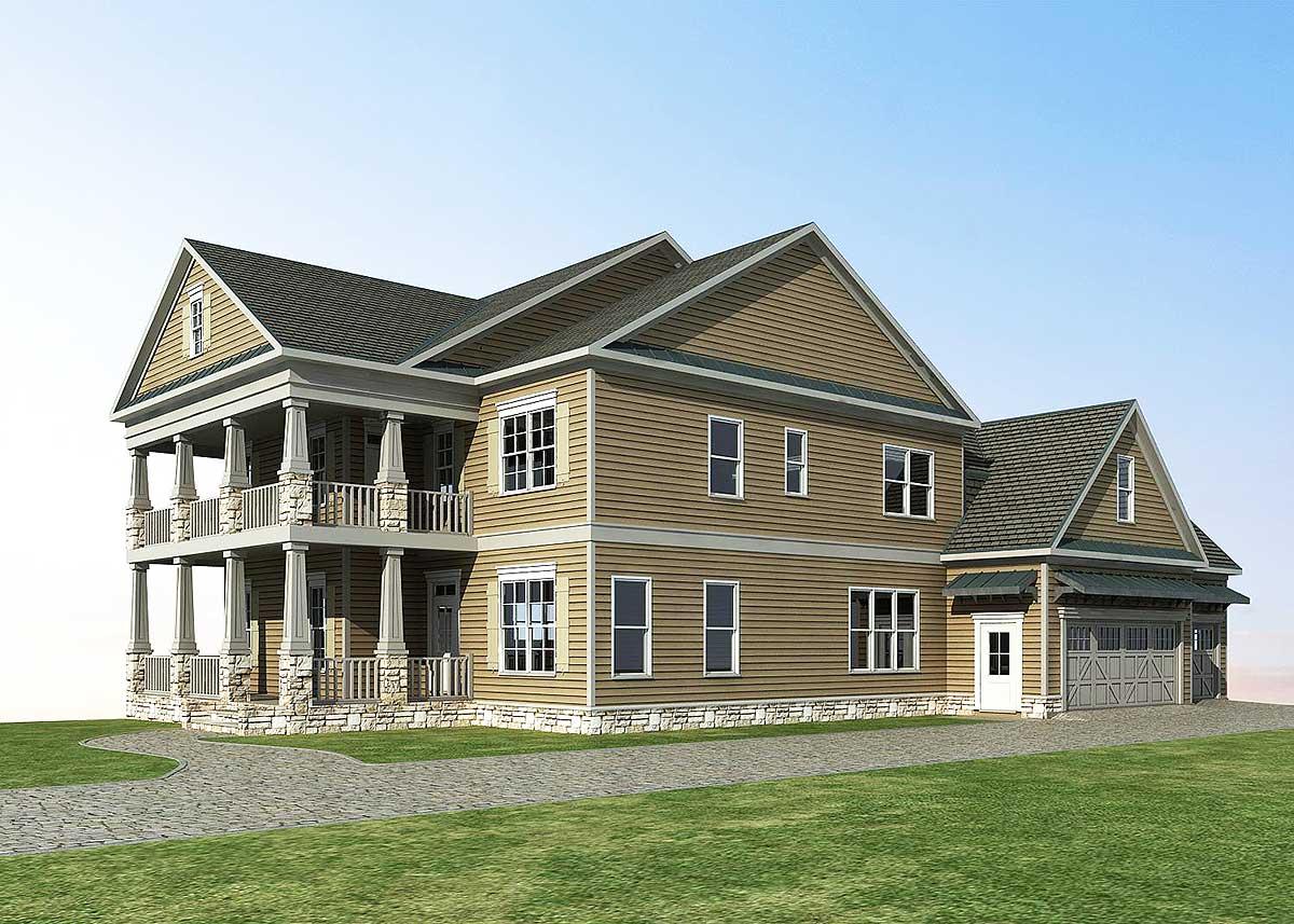 Two-story house plan exterior with a wraparound porch, stone base, gabled dormers, and a side-entry garage.