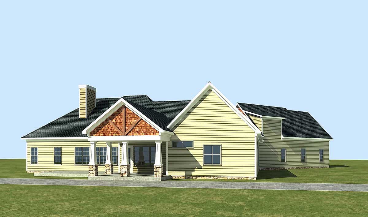 House plan exterior: single-story, gabled roof, covered porch with stone-clad columns, and wood shingle gable accents.