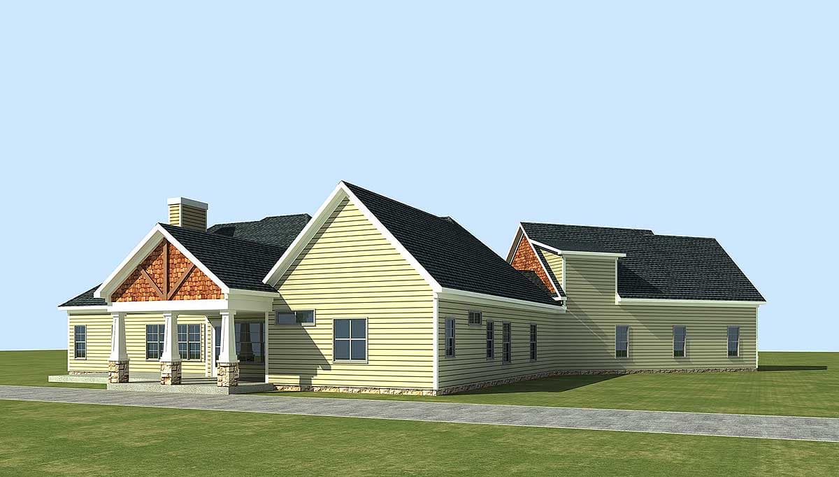 House plan exterior: One-story Modern Farmhouse with a covered front porch, gable rooflines, and stone accents.