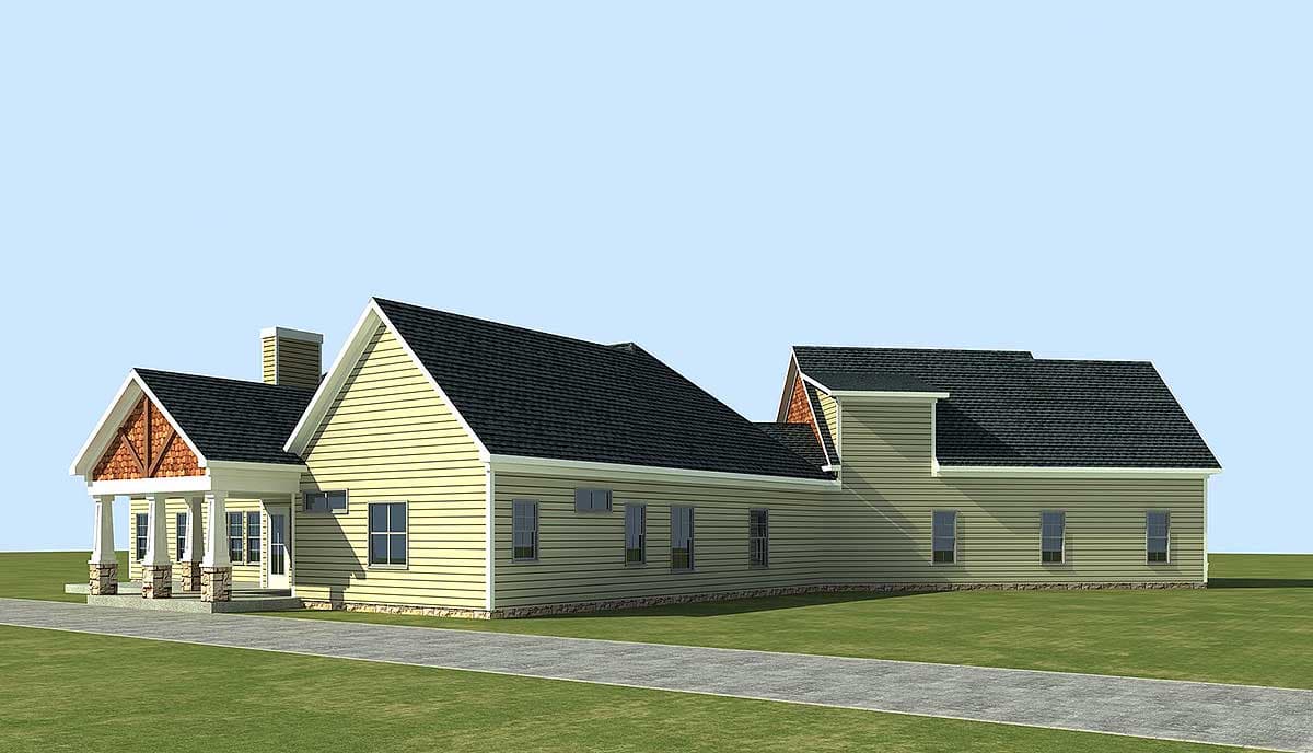 House plan exterior: Ranch style, single-story with covered porch, stone accents, gabled dormer, and horizontal siding.