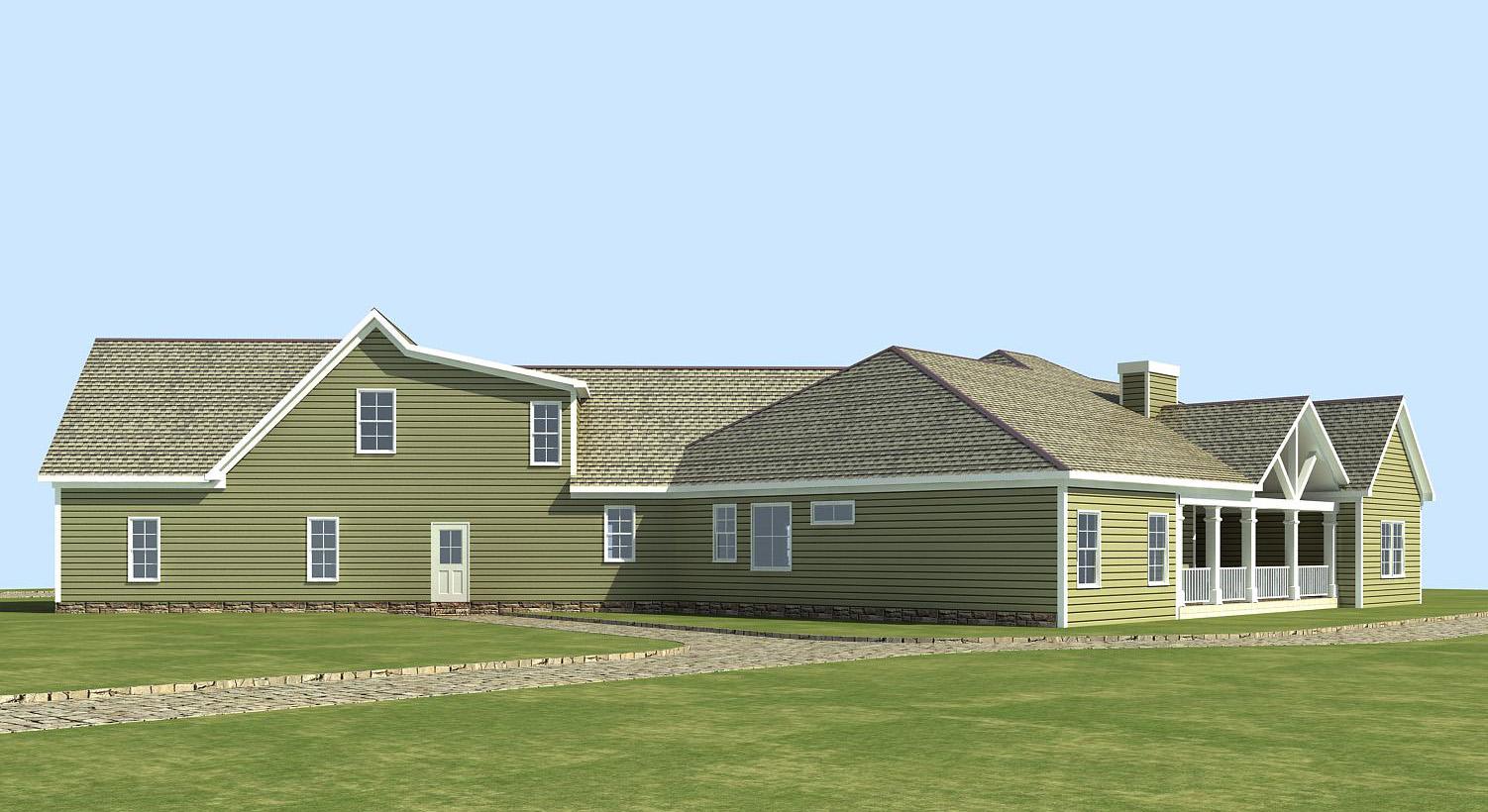 House plan exterior, two-story section with gables, and single-story section with a covered porch supported by columns.