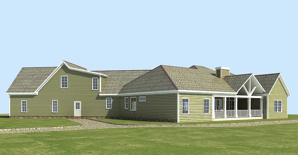 House plan exterior with gabled dormers, a wrap-around porch with white railings, and a chimney.