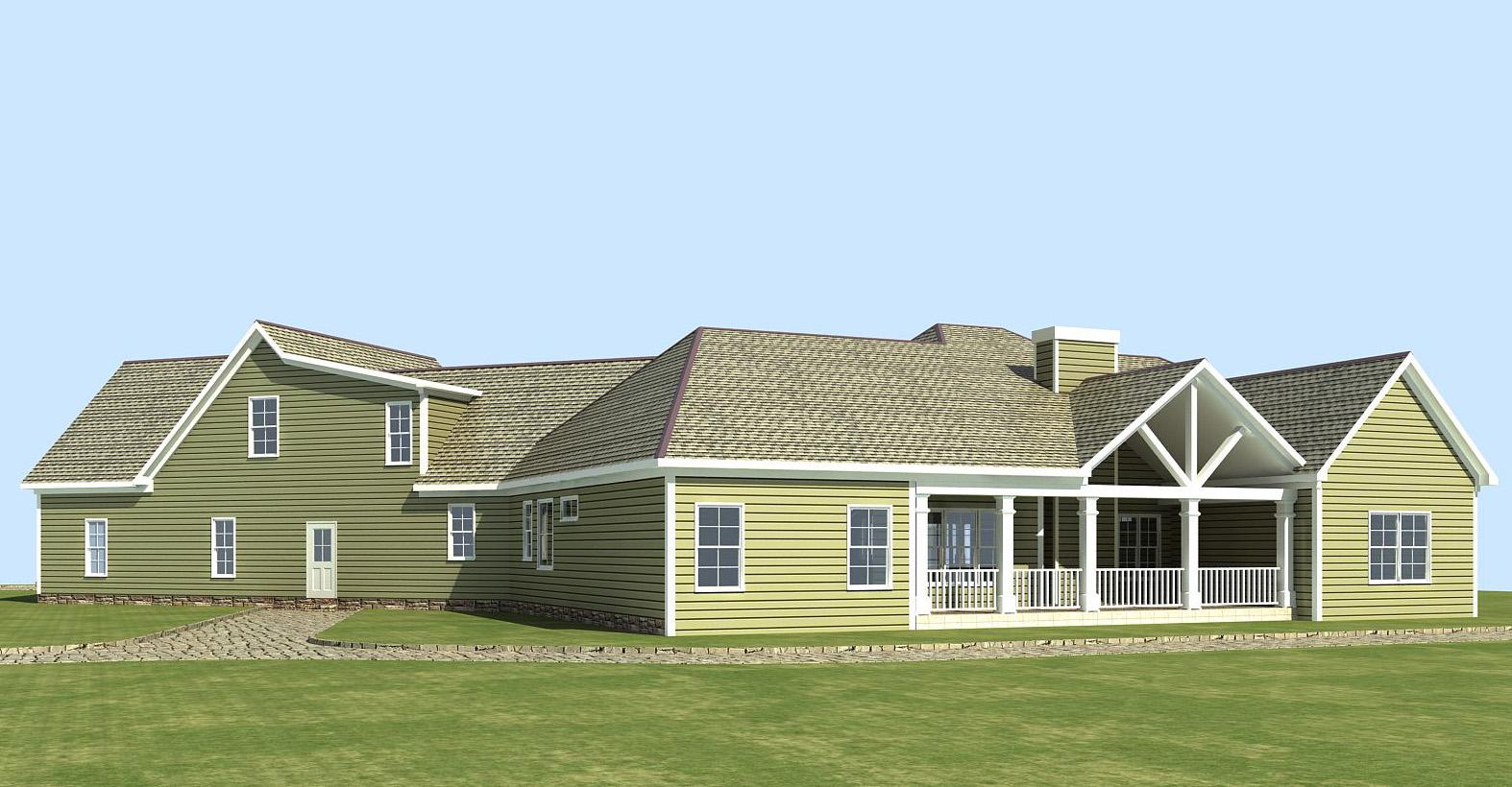 House plan exterior: two-story Modern Farmhouse with wrap-around porch, gables, and stone foundation.
