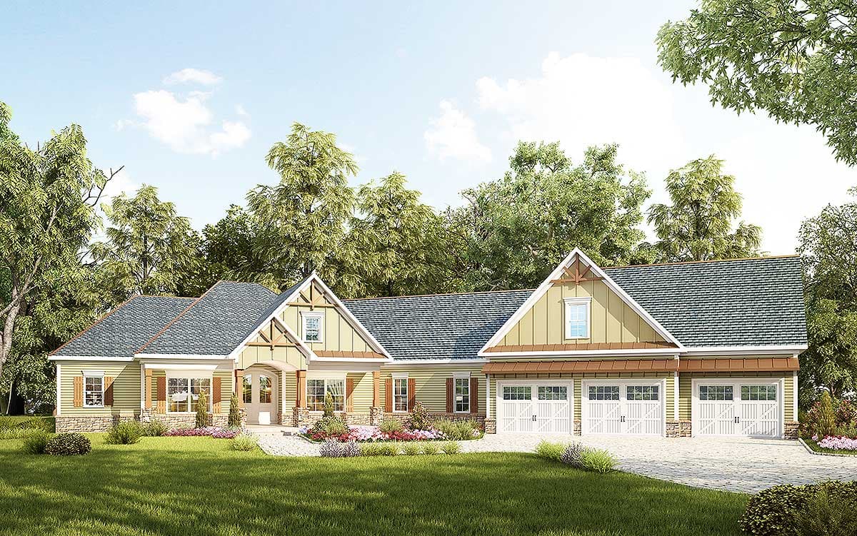 House plan exterior: Single-story Modern Farmhouse with a covered entry, stone accents, and a three-car garage.