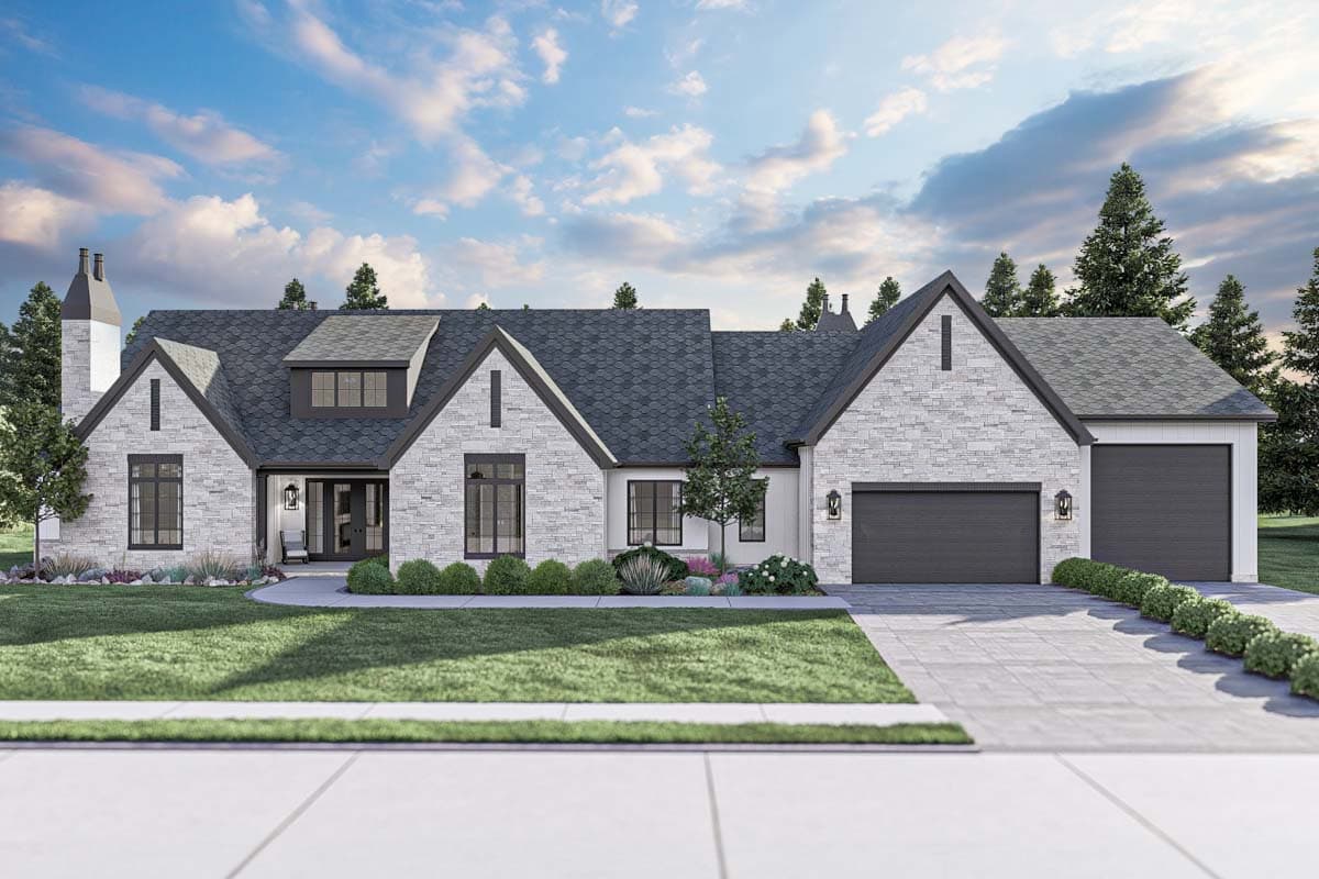 House plan exterior featuring a two-story design with a stone facade, multiple gables, and a two-car garage. Dormer and chimney are visible.