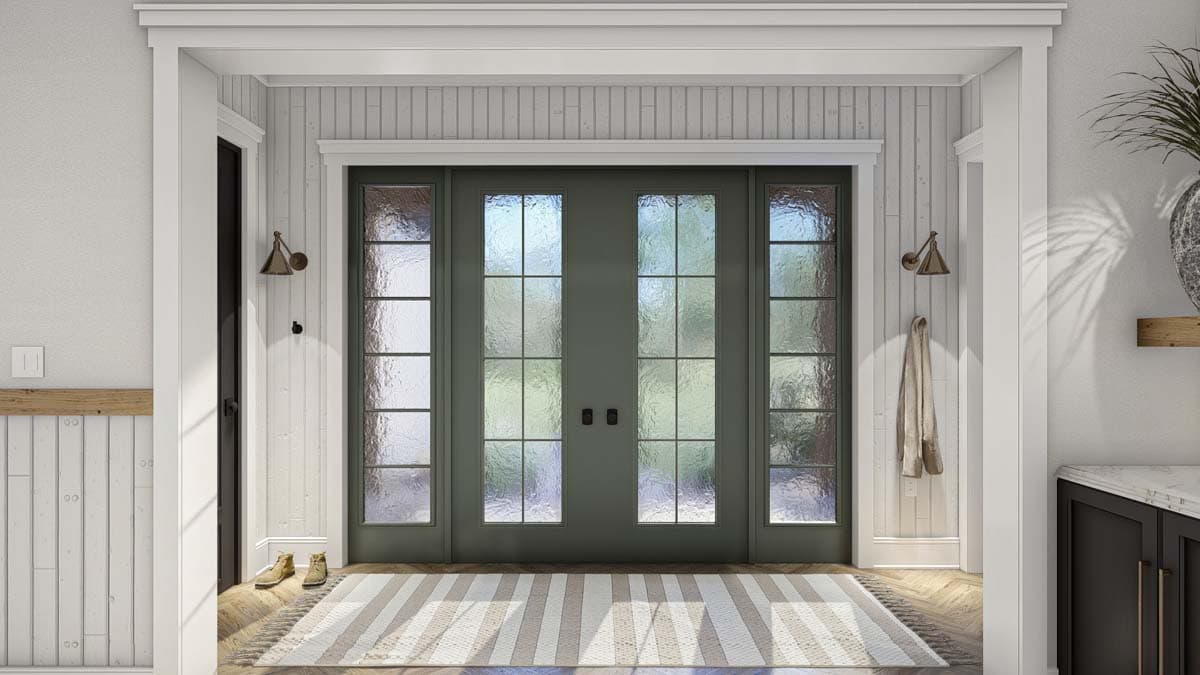 Entryway with double glass doors, paneled walls, and two wall-mounted light fixtures.