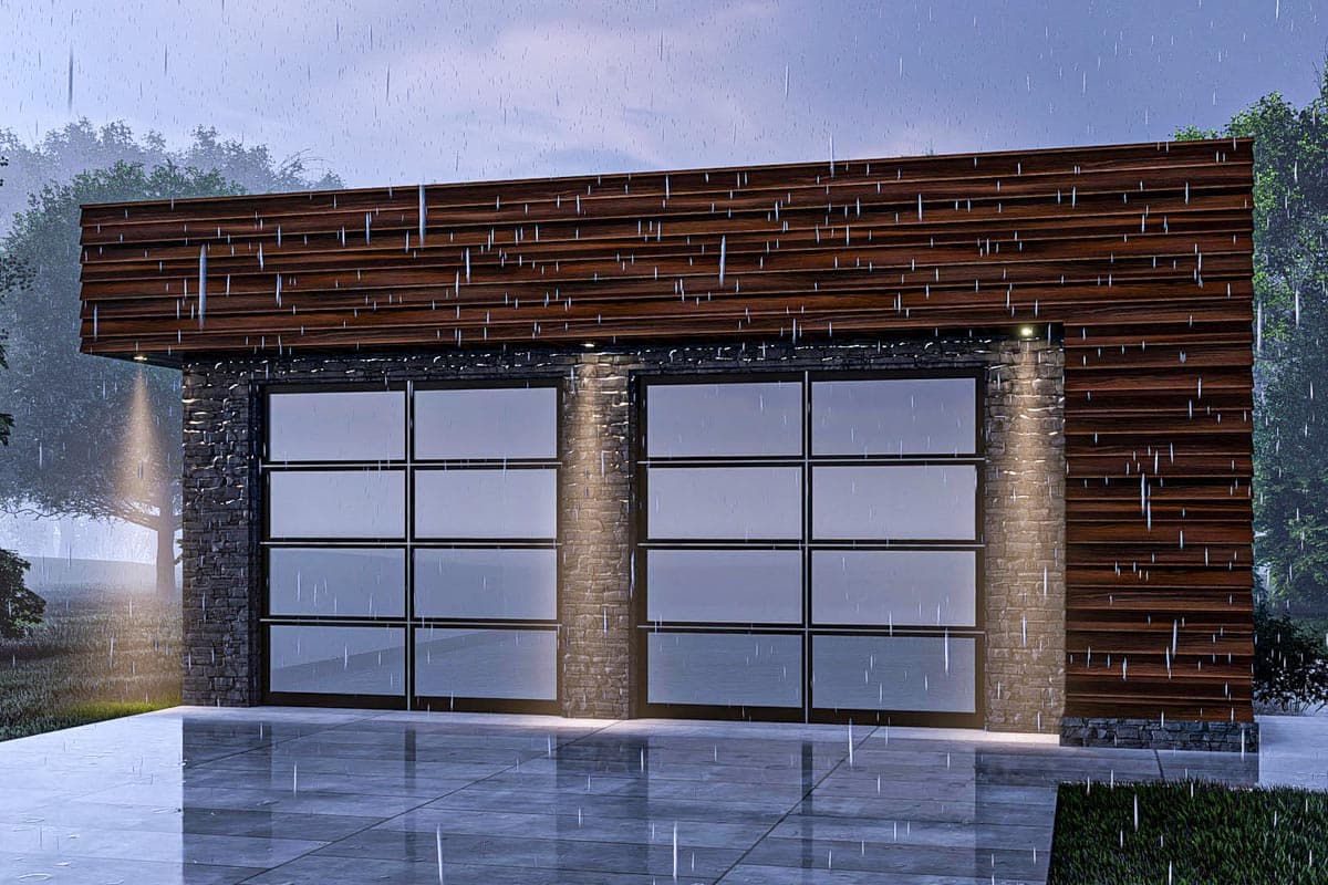 Modern garage exterior with two glass panel doors, stone accents, and horizontal wood siding.