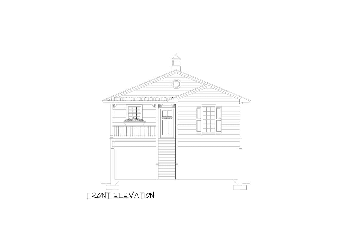 Front elevation drawing of a house with a raised foundation, porch, double door, and cupola.