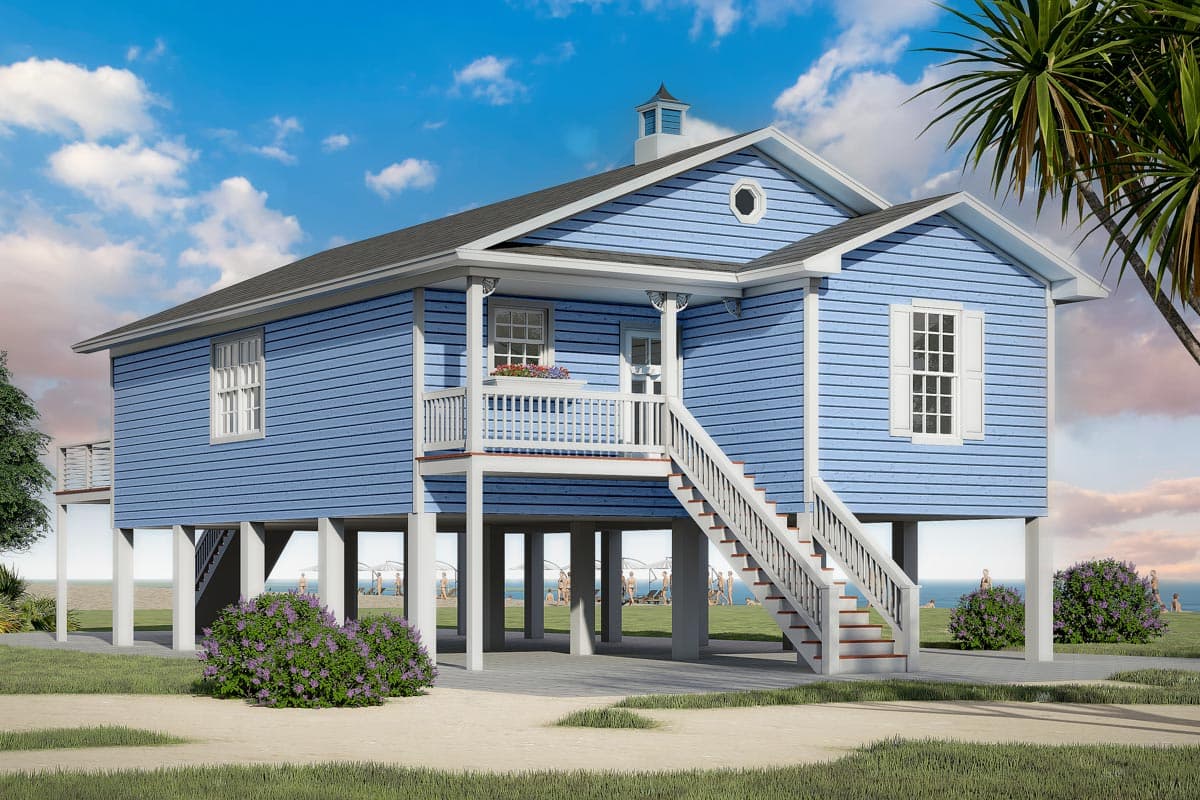 House plan exterior. Two-story Coastal home with a porch, gable roof, and raised foundation. Includes staircase access.