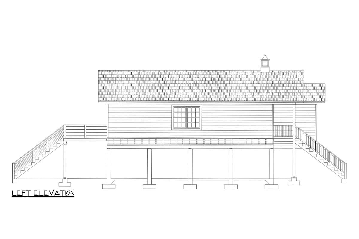 Left elevation house plan showing a house on stilts with a hip roof, multiple dormers, and two access stairways.